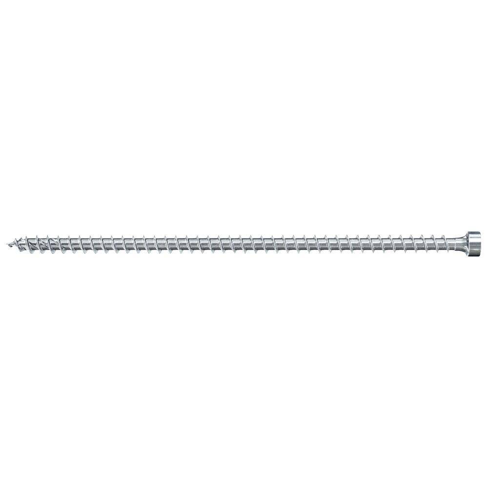 Lange silberne Schraube mit scharfer Spitze, horizontal auf einfachem weißem Hintergrund dargestellt.