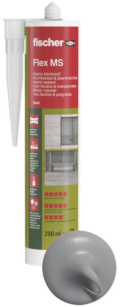 Eine Tube Dichtungsmittel mit Text, der angibt, dass sie flexibel und überstreichbar ist. Das Design hebt die Verwendung auf Baumaterialien hervor.