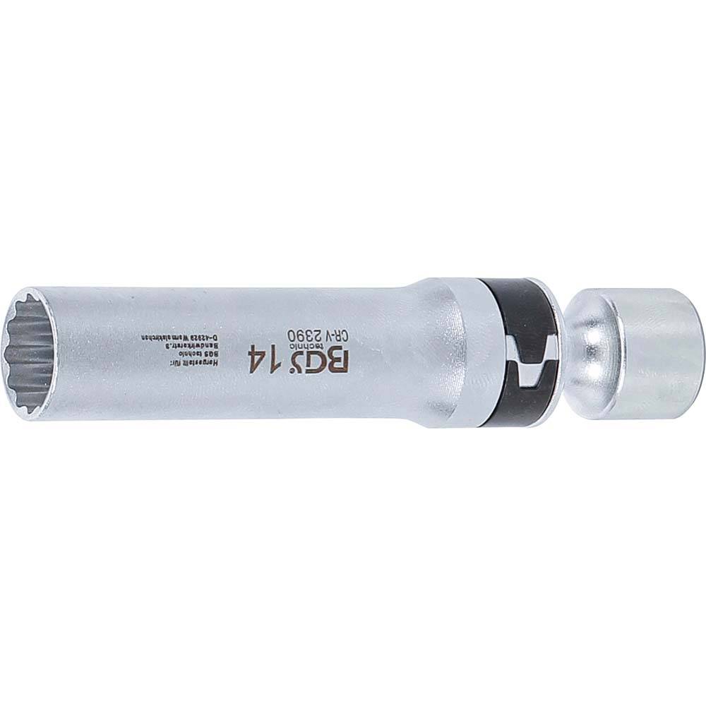 Zündkerzen-Gelenkeinsatz Zwölfkant mit Haltefeder - Antrieb Innenvierkant 10 mm (3/8 ") - Schlüsselweite 14 mm - Länge 100 mm