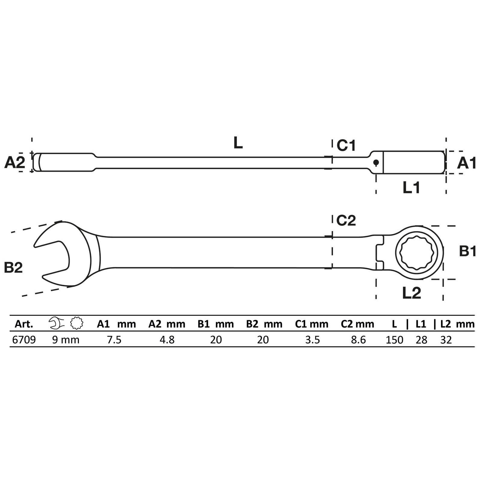 Diagramm eines beidseitig offenen Schraubenschlüssels mit beschrifteten Abmessungen A1, A2, B1, B2, C1, C2, L, L1, L2 in Millimetern. Teilenummer: 6709.