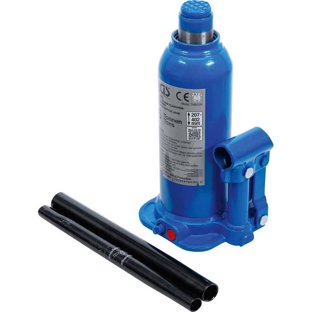 Hydraulischer Flaschen-Wagenheber - max. Tragfähigkeit 5 t - max. Höhe 402 mm - min. Höhe 207 mm - Hubhöhe 125 mm