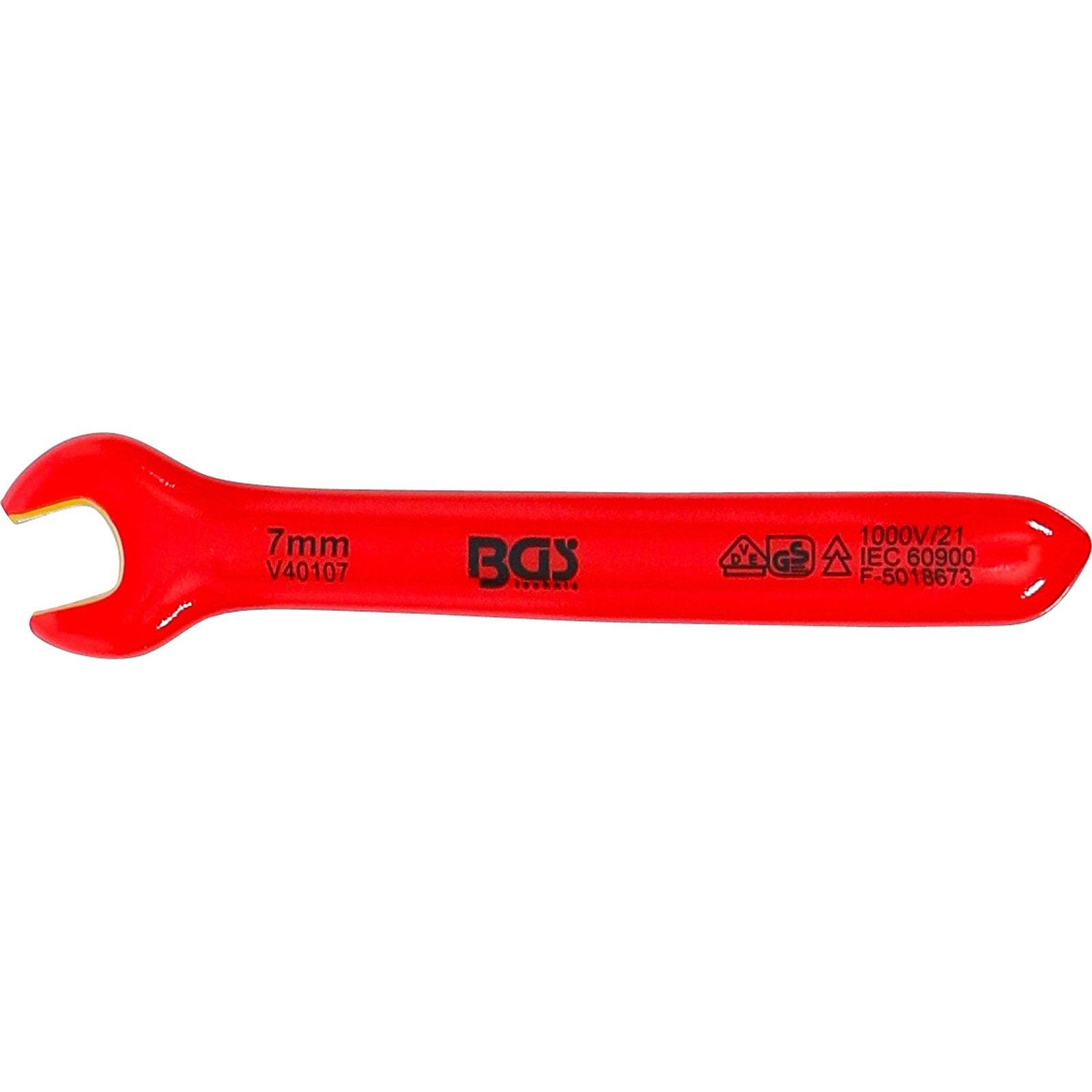 Ein roter 7-mm-Gabelschlüssel mit schwarzen Markierungen für elektrische Sicherheitsstandards und Isolationszertifizierung.