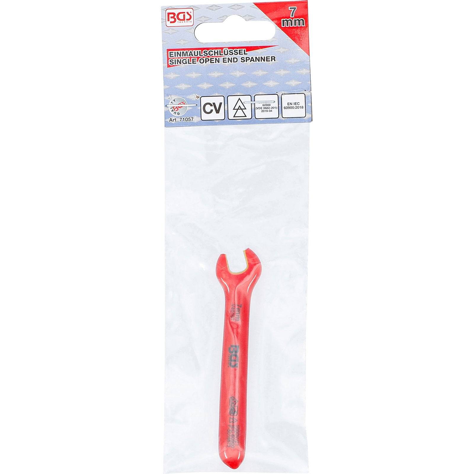 Ein roher Maulschlüssel mit der Markierung '7 mm' in einer durchsichtigen Plastikverpackung mit einem Karton-Etikett.