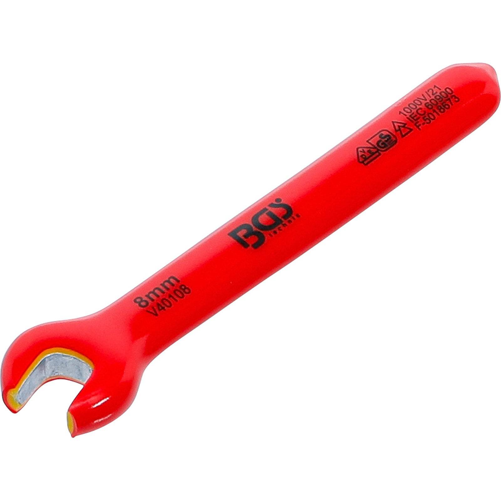 Ein roter isolierter Schraubschlüssel mit der Aufschrift '8mm BGS', der für elektrische Arbeiten konzipiert ist und Sicherheitsstandards auf dem Griff aufweist.