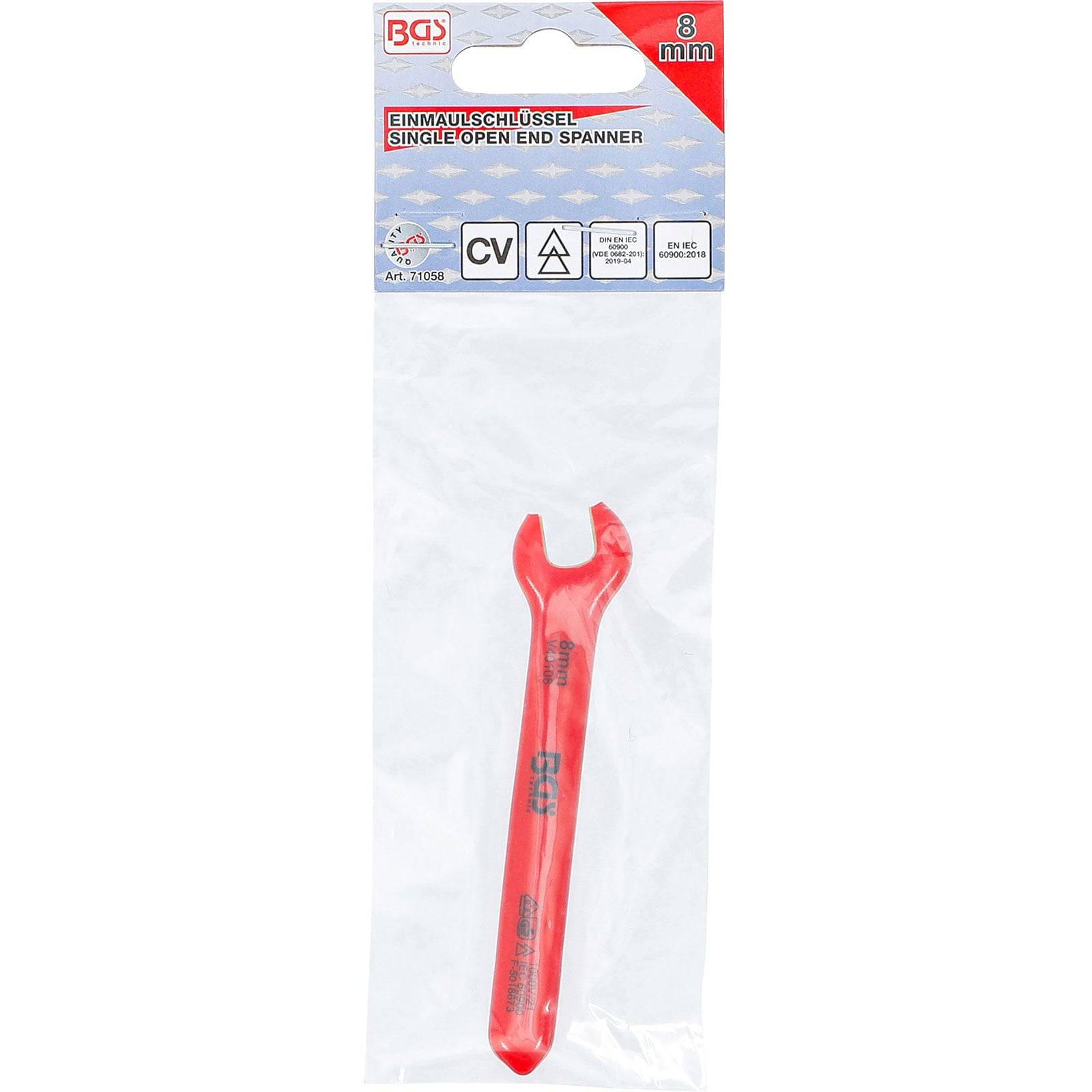 Ein einzelner Maul-Ringschlüssel, der in roter Plastikverpackung eingeschweißt ist, mit der Aufschrift '8 mm' und Produktdetails sowie Firmenlogo auf der Oberseite.