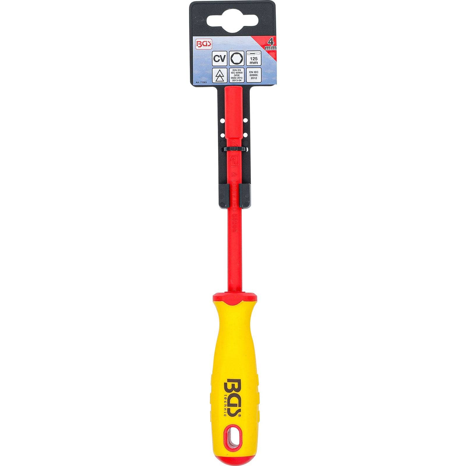 „Ein rot und gelb isolierter Schraubendreher mit ergonomischem Griff, mit BGS-Logo und Schutzschlauch über der Metallschaft.