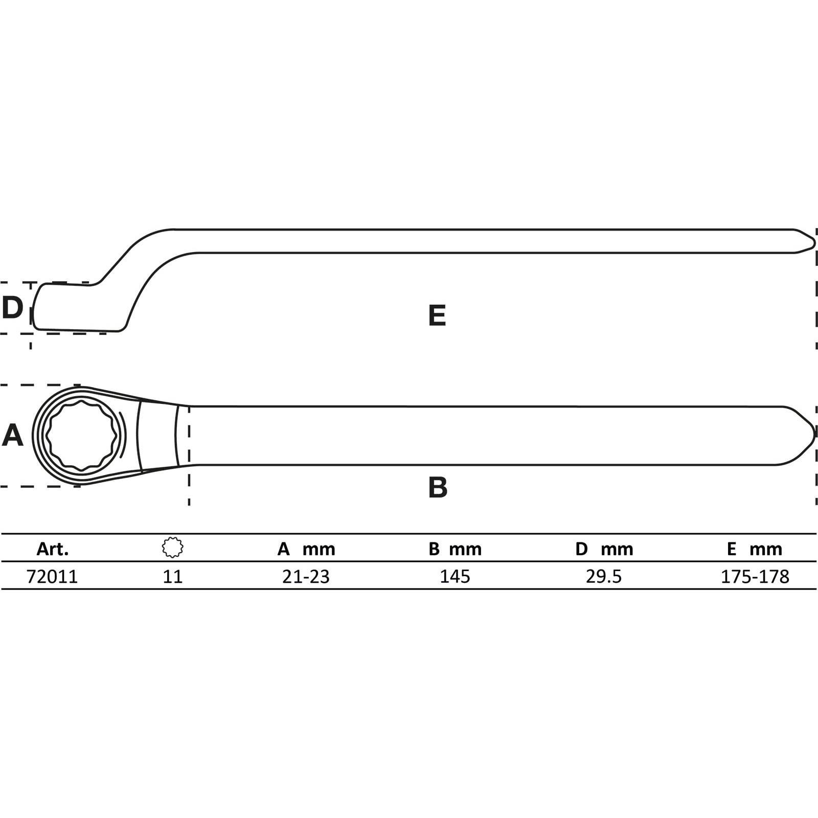 Eine Skizze eines Doppelringschlüssels mit Abmessungen. Kopfseite mit 'A' beschriftet, Länge 'B', Winkel 'D' und 'E'. Tabellarische Details unten.