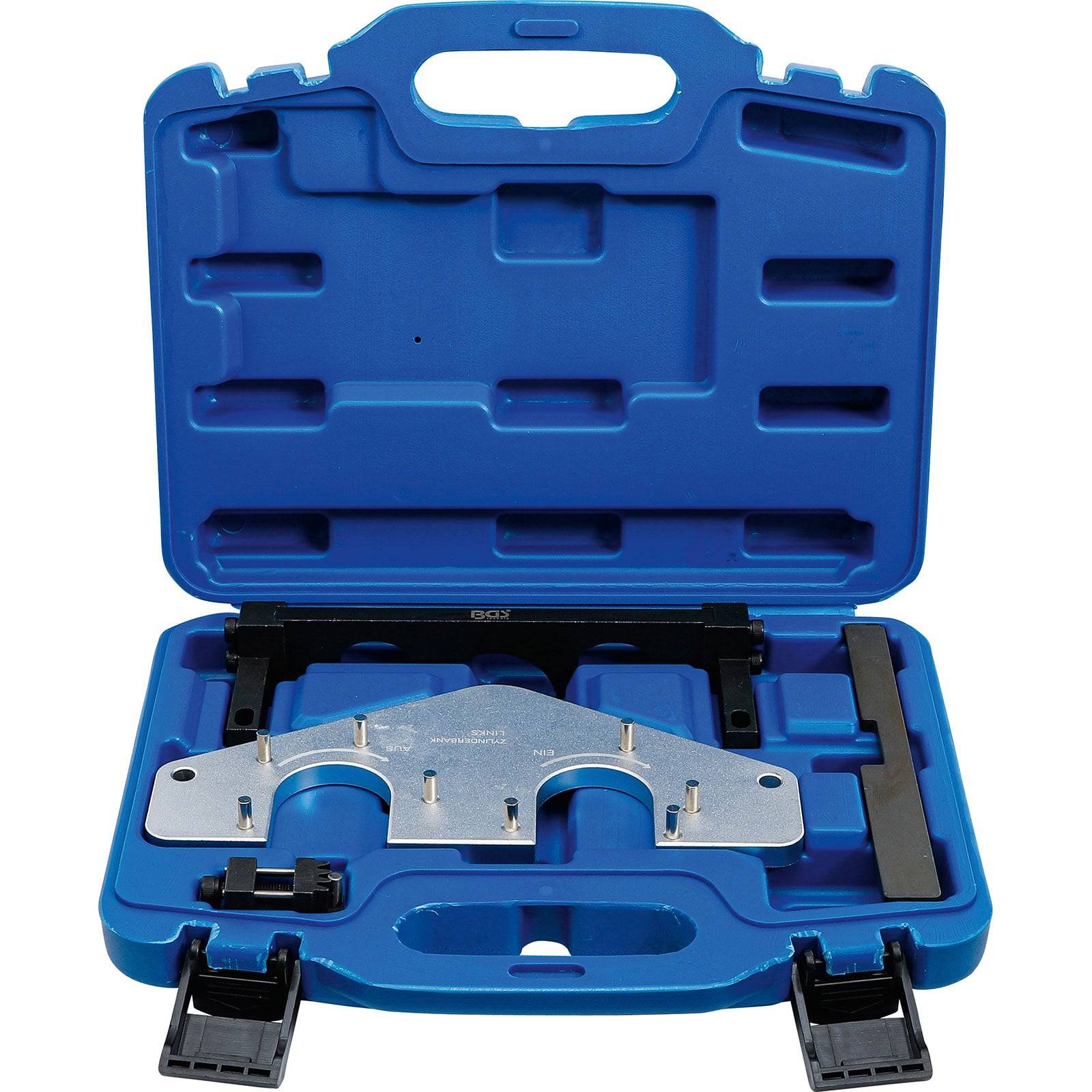 Eine blaue Kunststoff-Transportbox ist geöffnet und zeigt einen Satz Metall- und Plastikwerkzeuge, die sicher eingepasst sind.