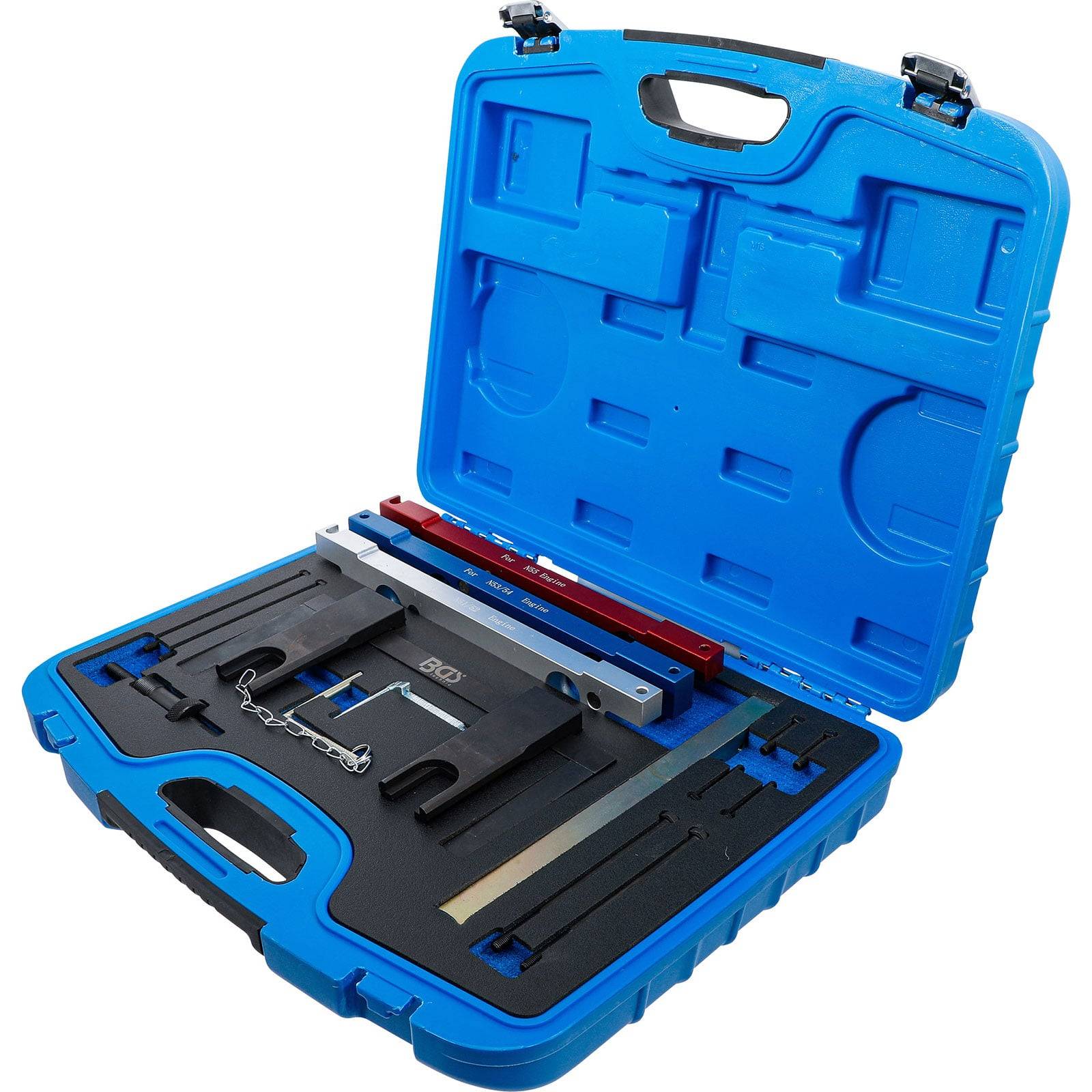 Offener blauer Kunststoff-Werkzeugkasten mit verschiedenen Metallwerkzeugen, die jeweils in Schaumstoffaussparungen gesichert sind, zur mechanischen oder Automobilnutzung.