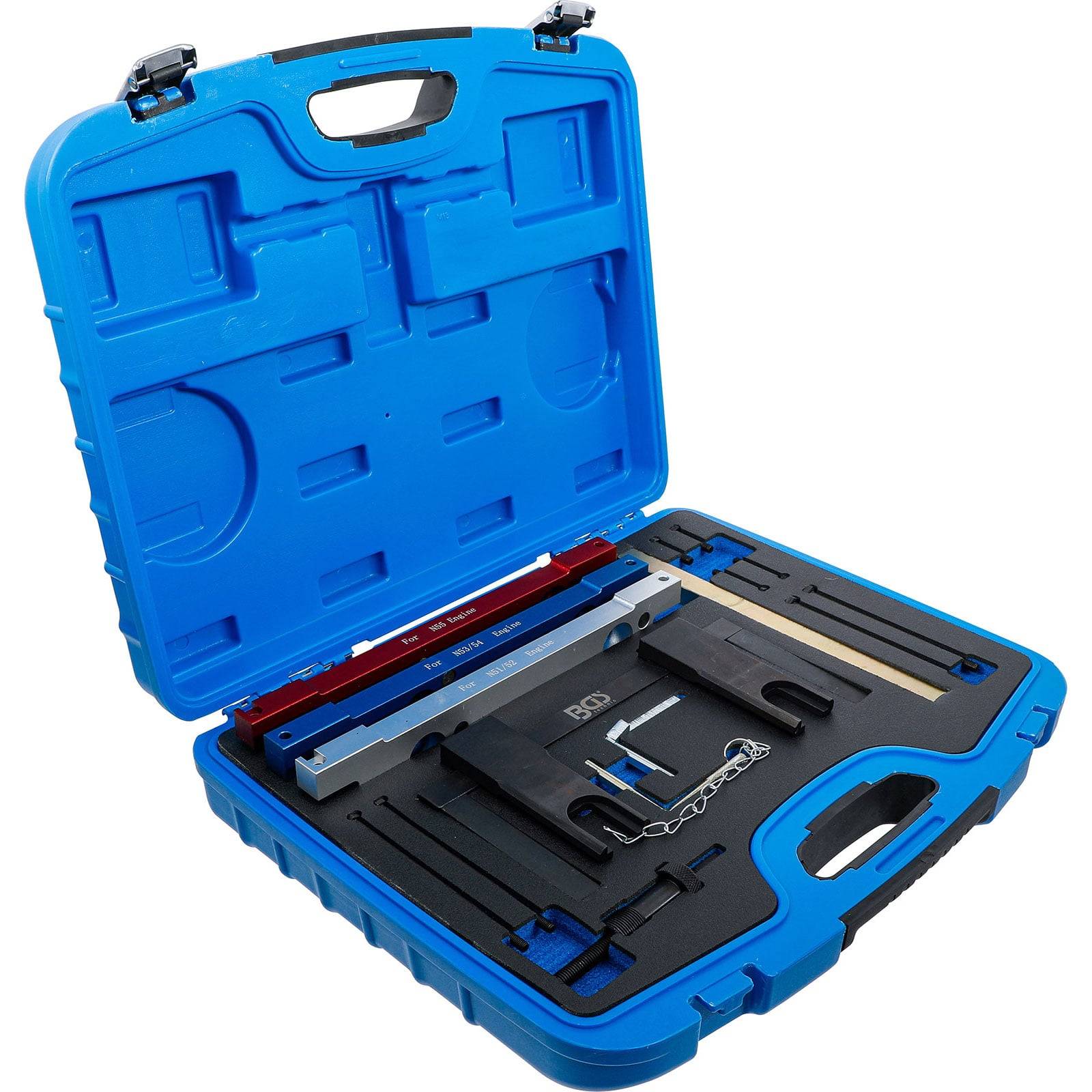 Ein blaues, offenes Kunststoffkoffer mit organisierten Präzisionswerkzeugen in Schaumstoffausschnitten, entwickelt für Ausrichtungs- und Kalibrieraufgaben.