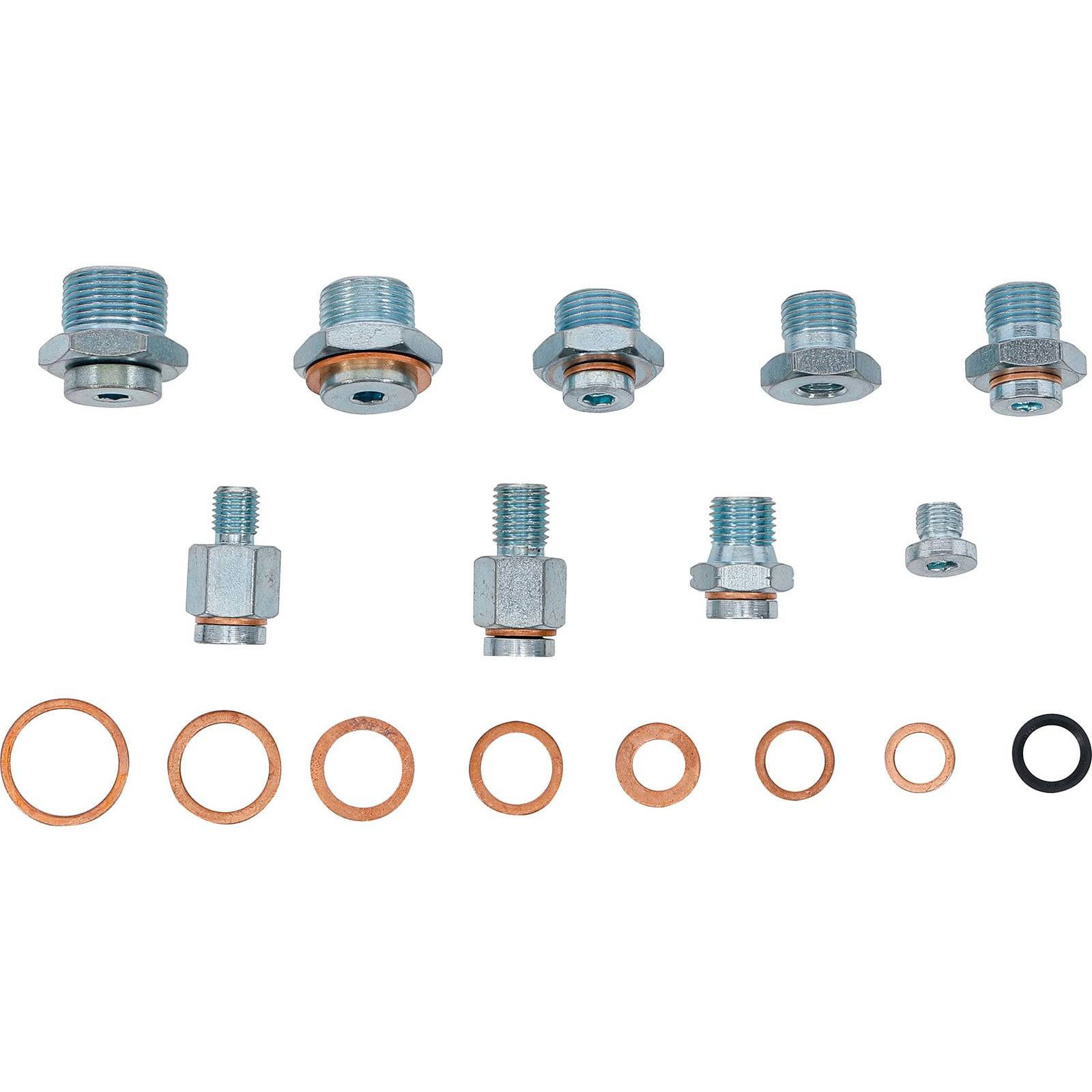 Sammlung von silbernen und bronzenen Metallfassungen und Unterlegscheiben, in drei Reihen angeordnet. Oberste Reihe: sieben Fassungen. Unterste Reihe: acht Unterlegscheiben.