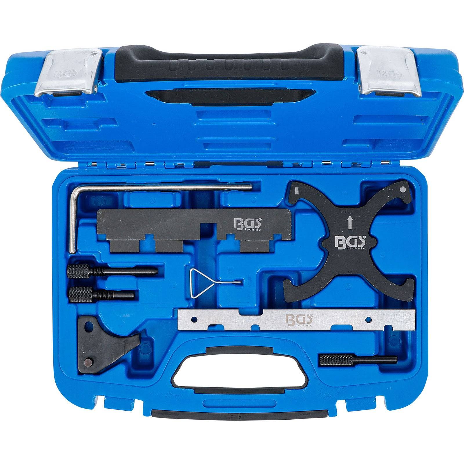 Ein blauer Kunststoffkoffer, der einen präzisen Motorzahnwerkzeug-Satz für V6 Audi/Volkswagen enthält, inklusive verschiedener spezialisierter Werkzeuge und Komponenten.