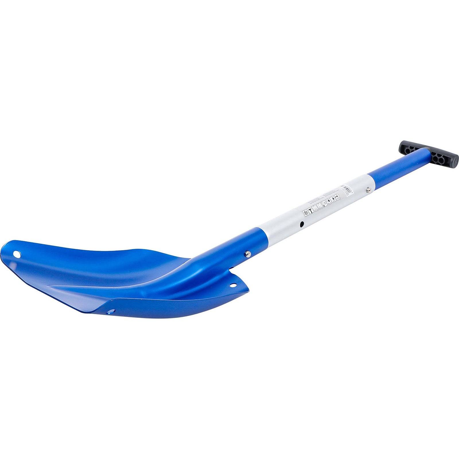 Eine blaue und silberne Schaufel mit einem T-förmigen Griff, entwickelt für die Schneeräumung. Der Griff ist teleskopisch, was die Tragbarkeit und Lagerung verbessert.
