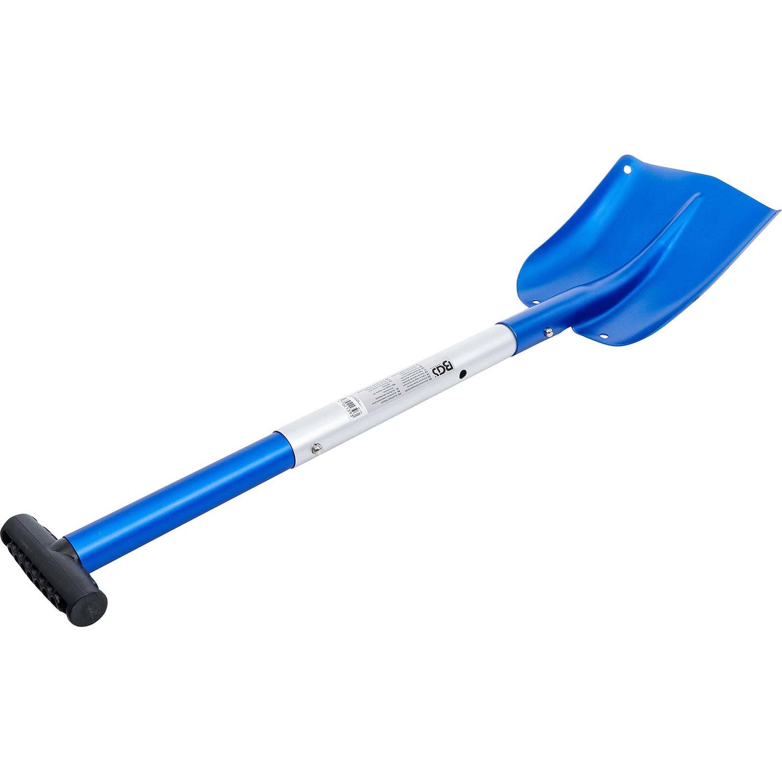 Ein blauer, tragbarer Schneeschaufel mit kurzem, ergonomischem Griff und breiter, robuster Schaufelkante. Entwickelt für einfache Aufbewahrung und effiziente Schneeräumung.