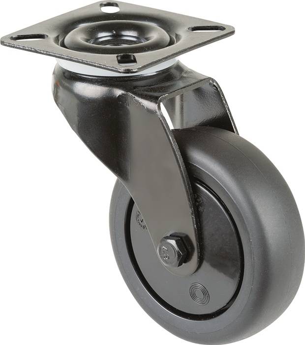 Ein schwarzes Schwenkkasterrad mit Gummireifen, montiert auf einer Metallplatte für einfache Befestigung an Möbeln oder Ausrüstung zur Verbesserung der Mobilität.