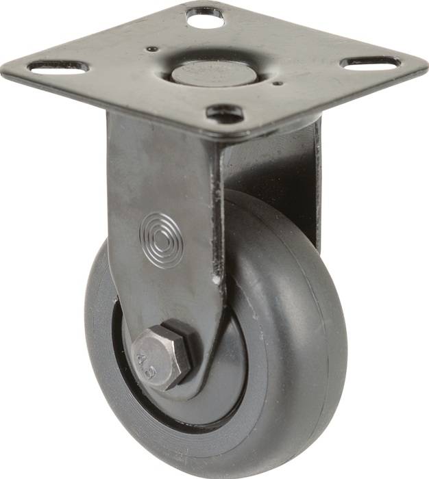 Eine Metalldrehrolle mit einem schwarzen Gummireifen, geeignet für die Mobilität von Möbeln oder Ausrüstung. Ausgestattet mit einer Befestigungsplatte und Schraubenbefestigung.