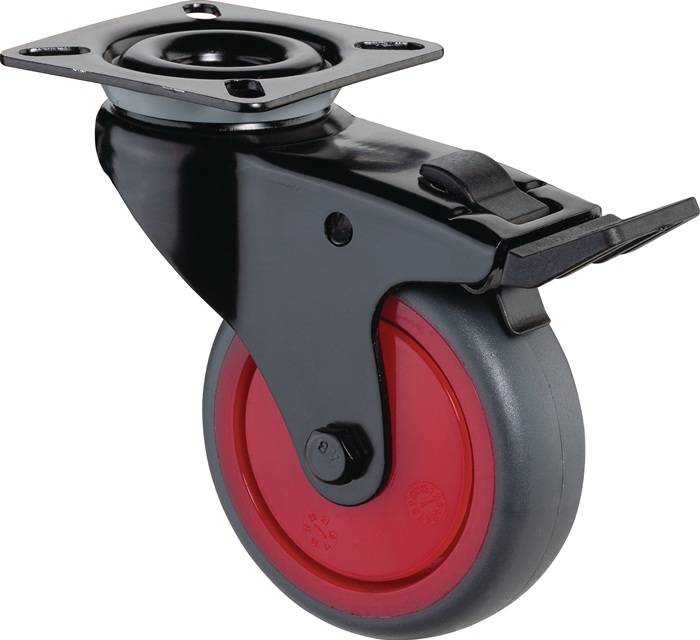 Ein Lenkrolle mit rotem Lauffläche und schwarzer Befestigungsplatte, entwickelt für einfache Mobilität und Installation an Geräten oder Möbeln.