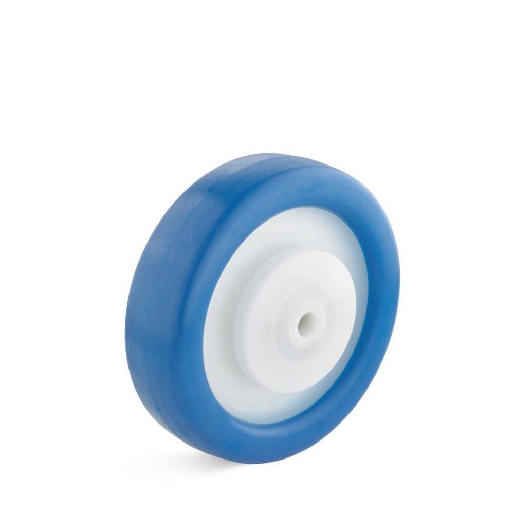 Blaues Gummirad mit einer weißen Kunststoffnabe auf weißem Hintergrund.