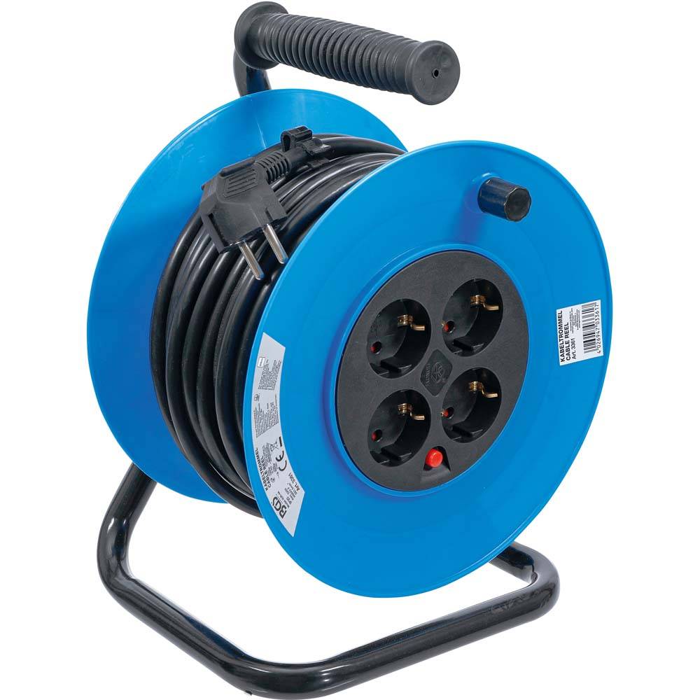 Kabeltrommel - 4 Steckdosen - Länge 25 m - Leistung 3000 W - Schutzart IP20 - Strombelastbarkeit (aufgerollt) 4,3 A - Strombelastbarkeit (abgerollt)