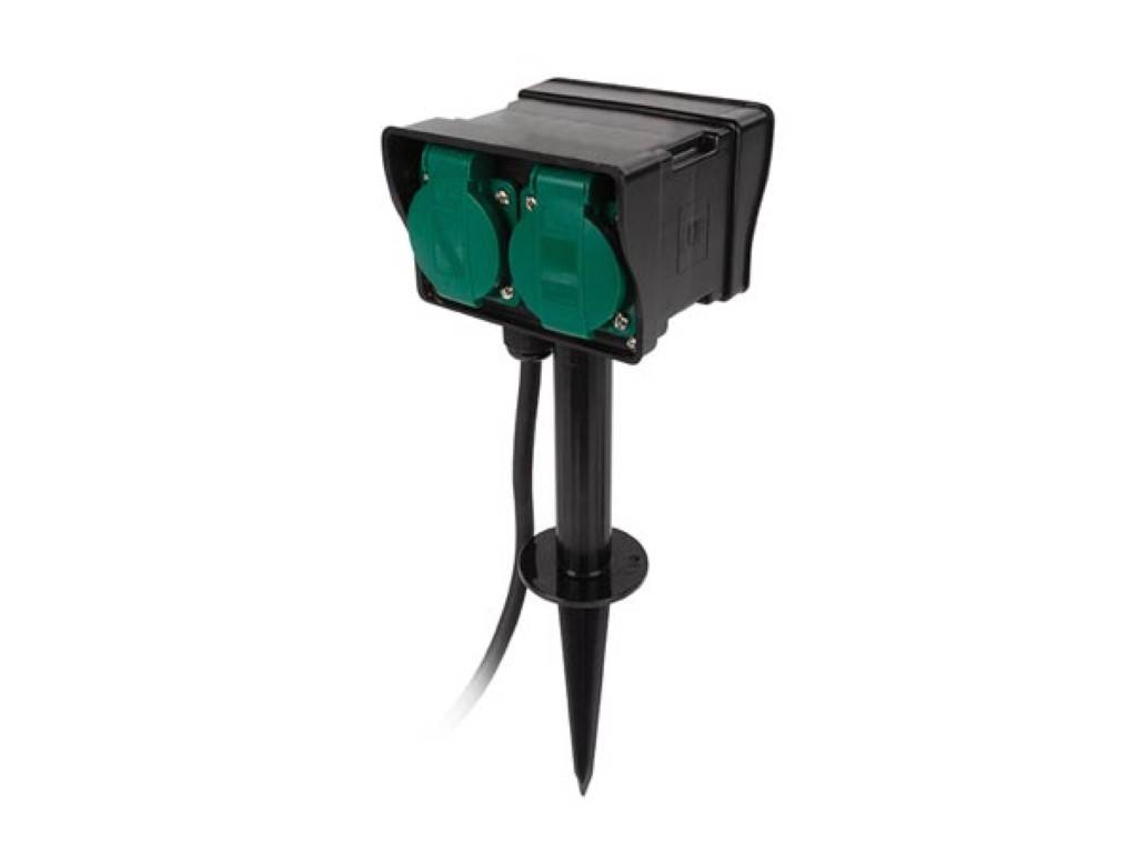 Perel Gartensteckdose, Erdspieß, Zeitschaltuhr, 2 Schutzkontakt-Steckdosen, 2 Klappdeckel, Kabel 1.5 m, 3G1.5, IP44, Schwarz/Grün