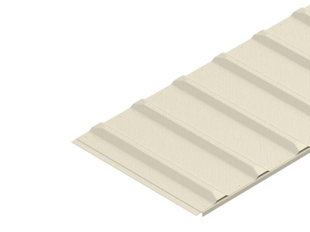 Ein Blatt beige farbenes Wellblech wird gezeigt, das eine Reihe von Rillen und Wellen aufweist, die parallel über seine Oberfläche verlaufen.