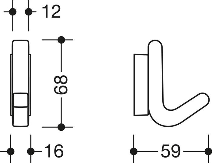 Technische Zeichnung, die die Abmessungen eines einfachen Wandhakens zeigt. Vertikale Länge ist 16, Abstand zur Wand ist 59 und Hakenbreite ist 12.