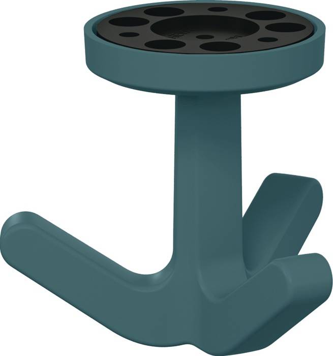 Ein türkisfarbener, L-förmiger Ständer mit einer kreisförmigen Oberfläche, die Löcher aufweist und möglicherweise dafür konzipiert ist, mehrere Pinsel oder Werkzeuge aufrecht zu halten.