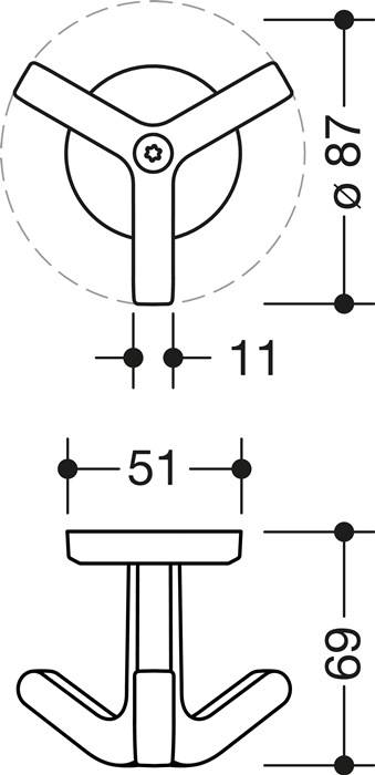 Technische Zeichnung eines kreisförmigen Stücks mit einem vorstehenden Griff. Die Zeichnung zeigt Maße: Durchmesser beträgt 51, Griffhöhe ist 11.
