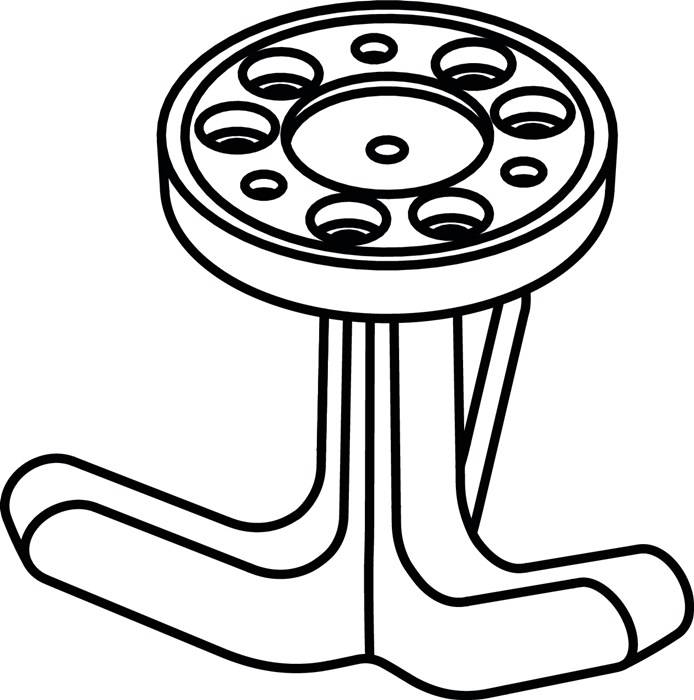 Eine Darstellung eines kreisförmigen mechanischen Teils mit mehreren Löchern, gestützt von drei geschwungenen Beinen, die einem futuristischen Hocker-Design ähnelt.