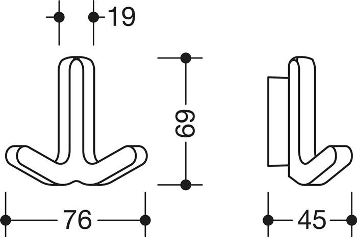 Technische Zeichnung eines Hakens mit Dimensionen: 76 mm Breite, 19 mm oberes Segment, 8 mm innerer Abstand. Seitenansicht zeigt Wandausrichtung.