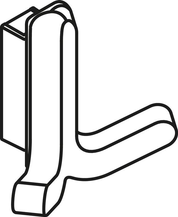 Eine minimalistische schwarz-weiße Linienzeichnung eines modernen Türgriffs, der einen geraden Hebel zeigt, der von einer rechteckigen Basis nach außen ragt.