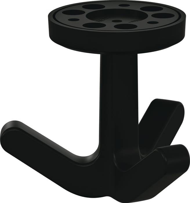 Ein schwarzer Dreibeinständer mit drei geschwungenen Beinen und einer kreisrunden Oberseite, die mehrere Löcher aufweist, wahrscheinlich zum Halten verschiedener Werkzeuge oder Gegenstände.