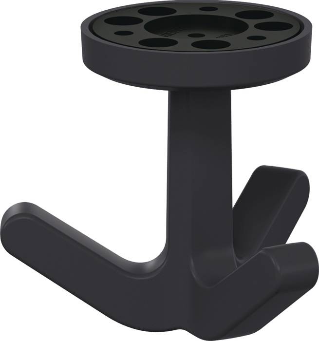 Ein schwarzer, zylindrischer Metallständer mit kreisförmigen Schlitzen auf der Oberseite und einer V-förmigen Basis für Stabilität, der dazu ausgelegt ist, Gegenstände aufrecht zu halten.