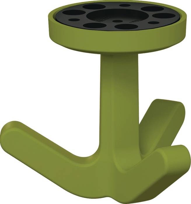 Ein grüner, moderner Schirmständer mit mehreren Löchern an der Oberseite zum Aufbewahren von Schirmen und einer einzigartigen geometrischen Basis.