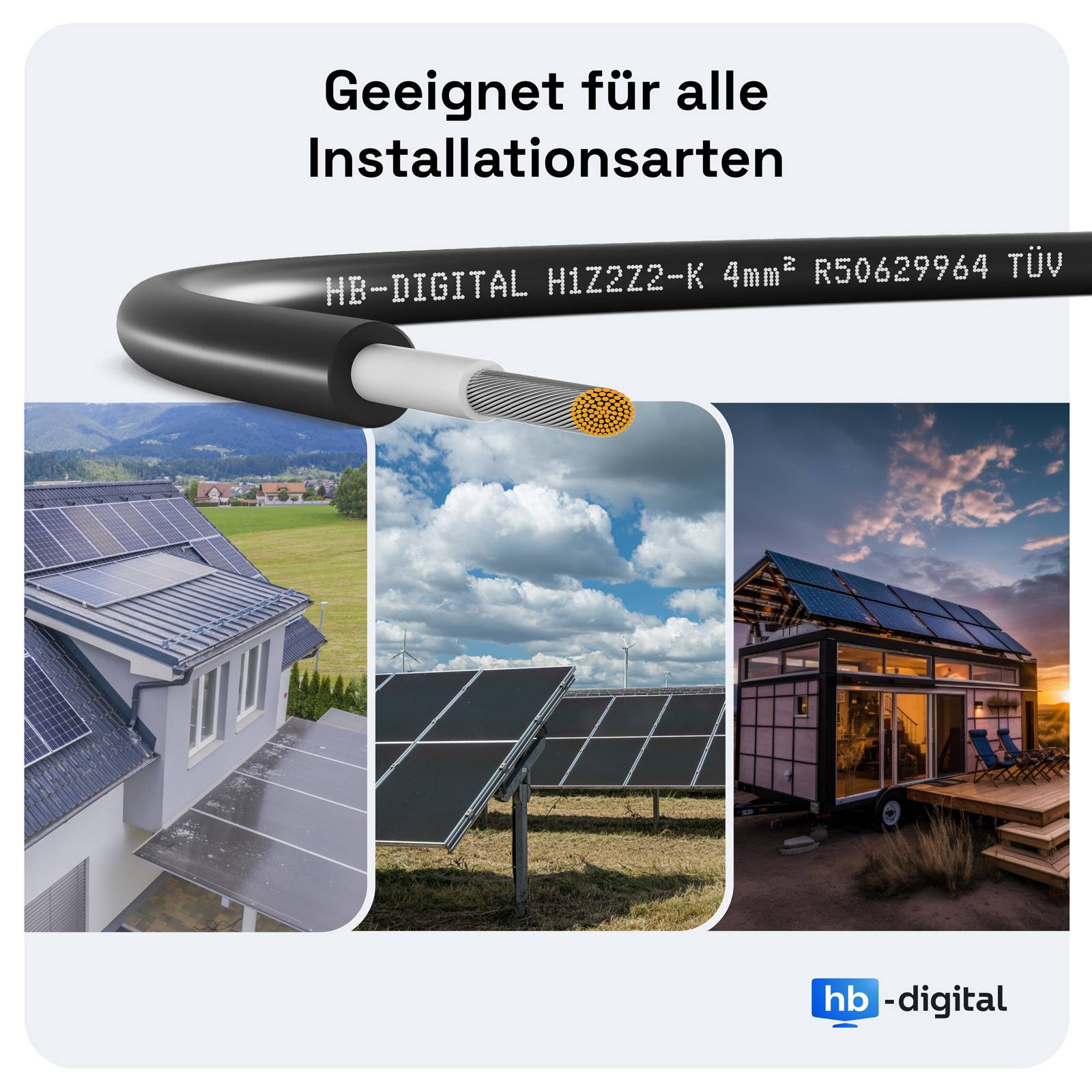 hb-digital Solarkabel 100m H1Z2Z2-K Photovoltaik Kabel 4mm2 für PV Anlagen schwarz