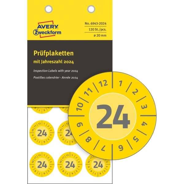 Prüfplaketten 20mm 8 Bogen/120 Etiketten 2024 gelb