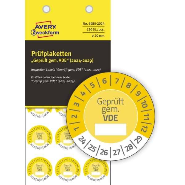 Prüfplaketten 20mm 8 Bogen/120 Etiketten 2024 gelb