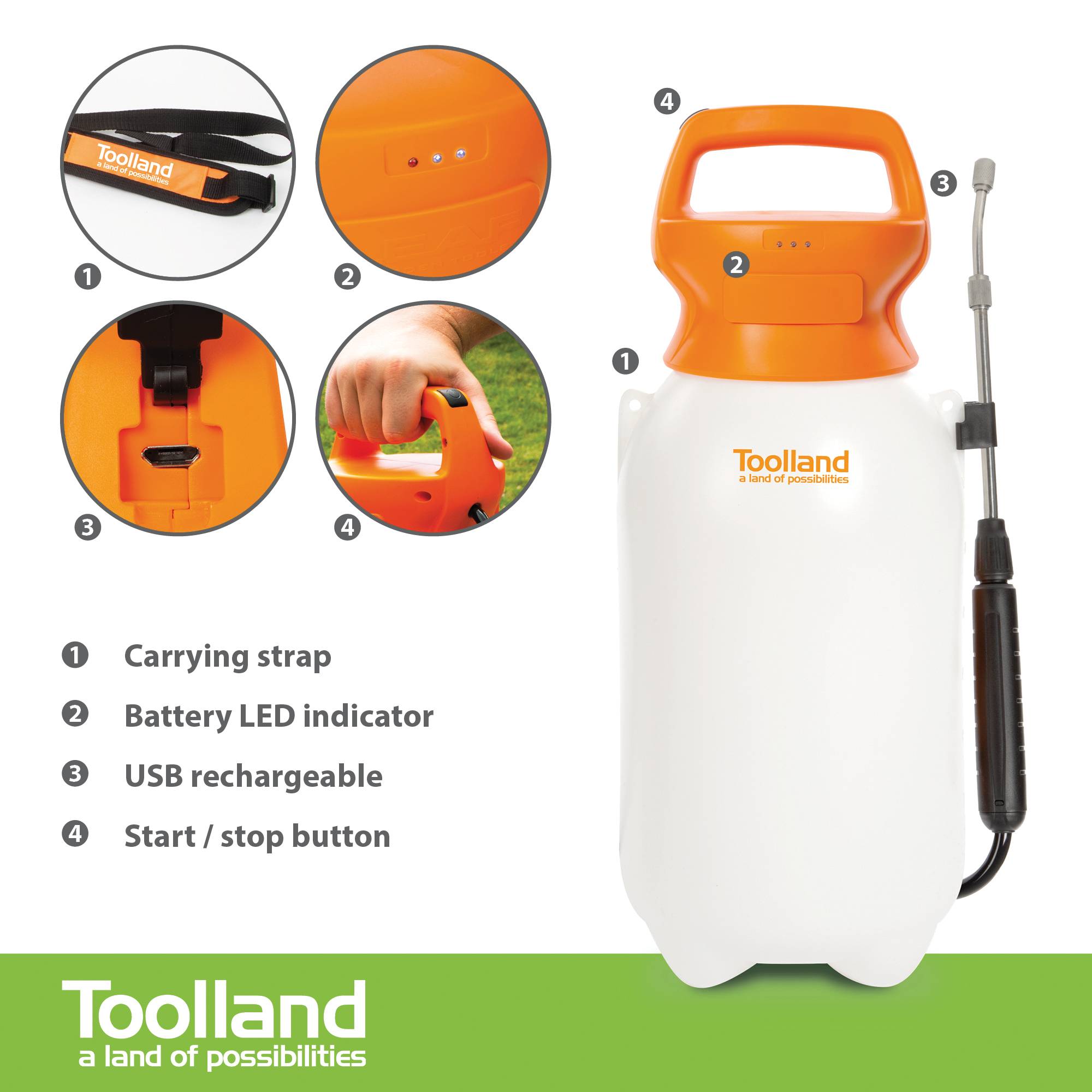 Toolland Drucksprüher, 8 L Gartenspritze, Akku-Drucksprühgerät mit einstellbarer Düse und Tragegurt, elektrischer Unkrautvernichter für Pflasters