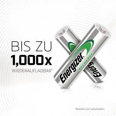 Energizer Recharge Batterien in einem X angeordnet mit deutschem Text „BIS ZU 1.000x WIEDERAUFLADBAR