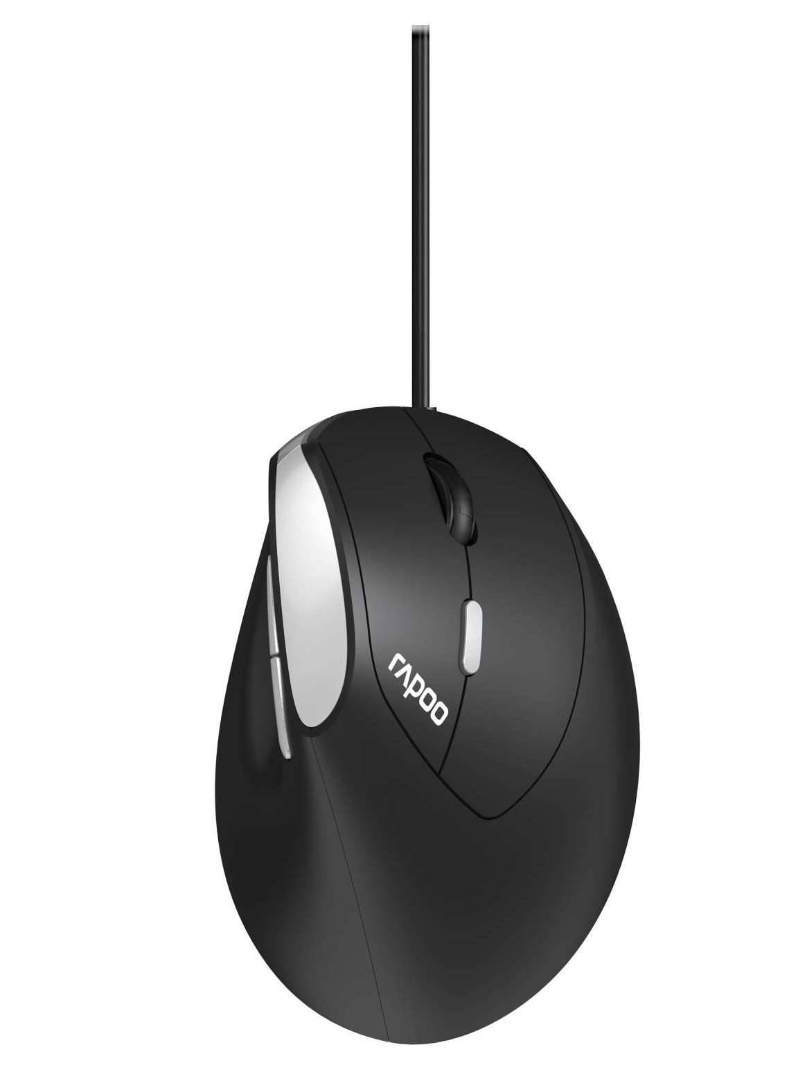 Schwarze kabelgebundene Computermaus mit zwei Tasten, Scrollrad und "Apoo""-Logo auf weißem Hintergrund.