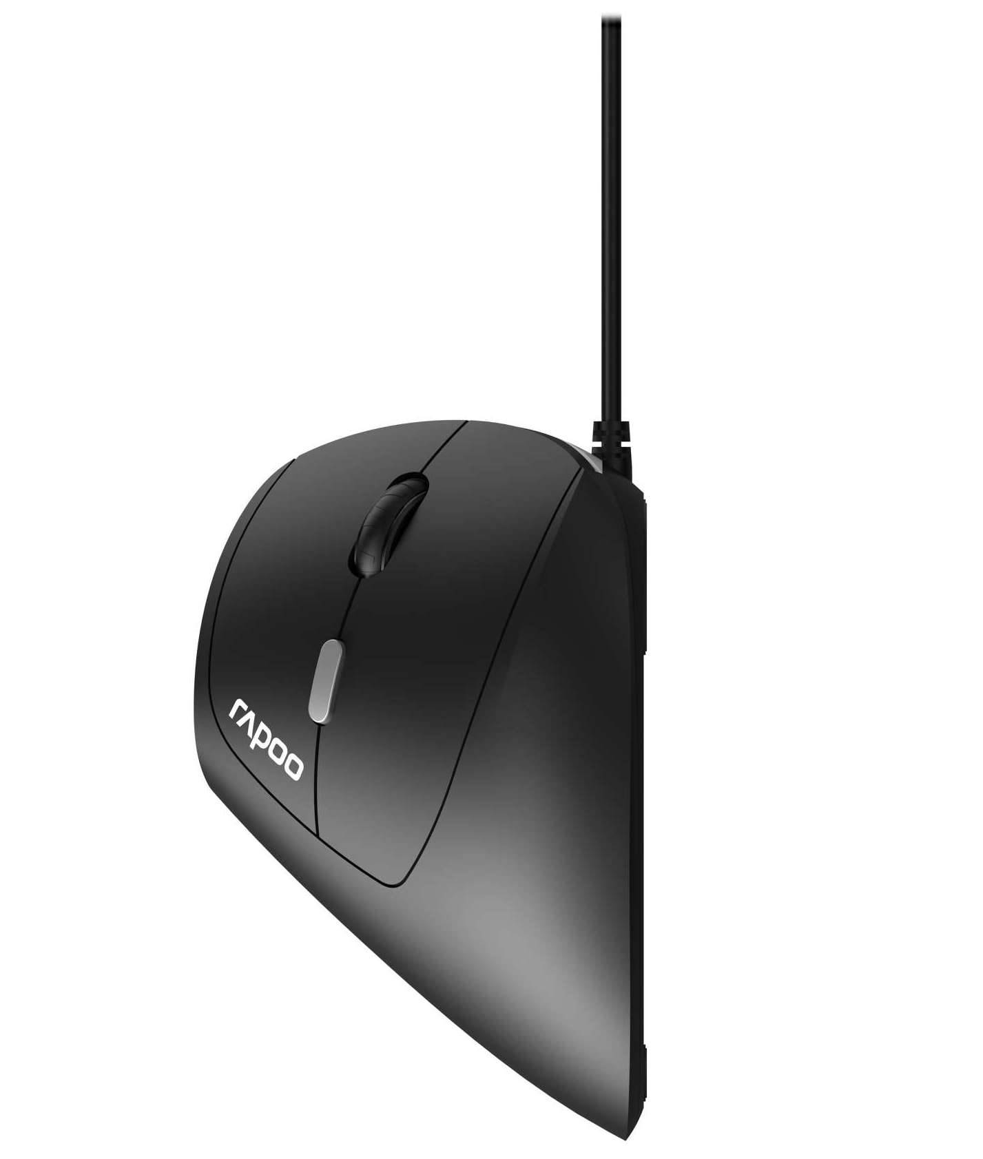 Schwarze vertikale ergonomische Computermaus mit Kabel und sichtbarem Scrollrad, in Seitenansicht auf weißem Hintergrund dargestellt.