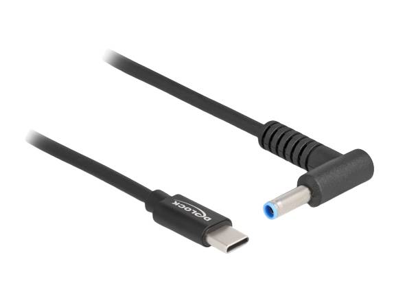 USB-C auf rechtwinkliger Barrel-Stromadapter-Kabel mit schwarzen Anschlüssen auf weißem Hintergrund.