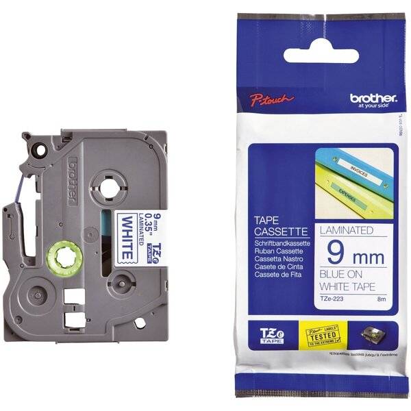 TZe-223 Schriftbandkassette - laminiert 9 mm x 8 m blau auf weiß.