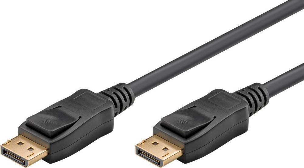 Ein DisplayPort-Kabel mit vergoldeten Anschlüssen an beiden Enden, das zur Übertragung von Audio- und Videosignalen zwischen Geräten verwendet wird.