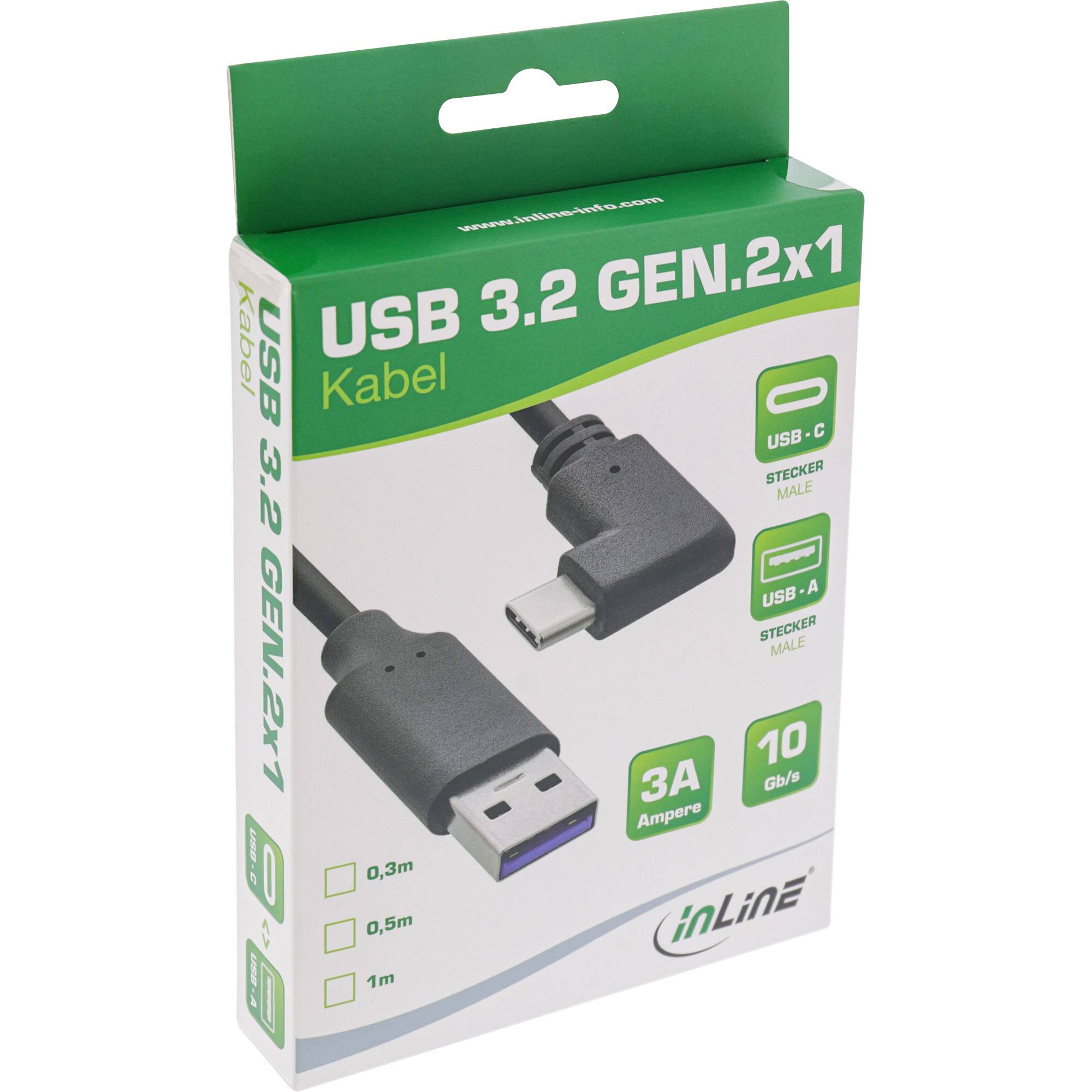 INLINE - USB 3.2 Kabel - USB-C Stecker gewinkelt an A Stecker - schwarz - 0,5m