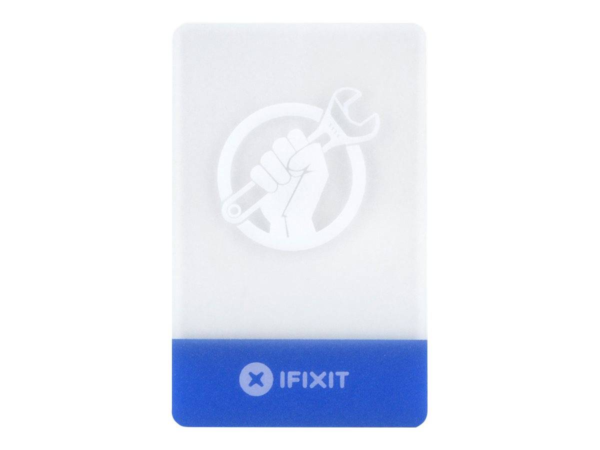 Ein iFixit-Werkzeugkoffer mit weißem Oberteil, auf dem ein Logo mit einem Schraubenschlüssel in einer Hand zu sehen ist, und einem blauen unteren Streifen mit der Aufschrift 