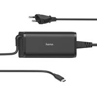 Schwarzer Laptop-Stromadapter mit angekoppeltem Kabel, europäischem Stecker und USB-C-Anschluss auf weißem Hintergrund.