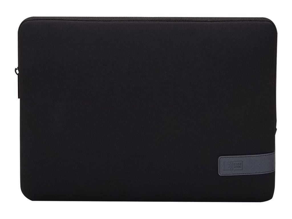 Schwarze Laptop-Schutzhülle mit Reißverschluss und kleinem grauem Logo-Tab auf der unteren rechten Seite.