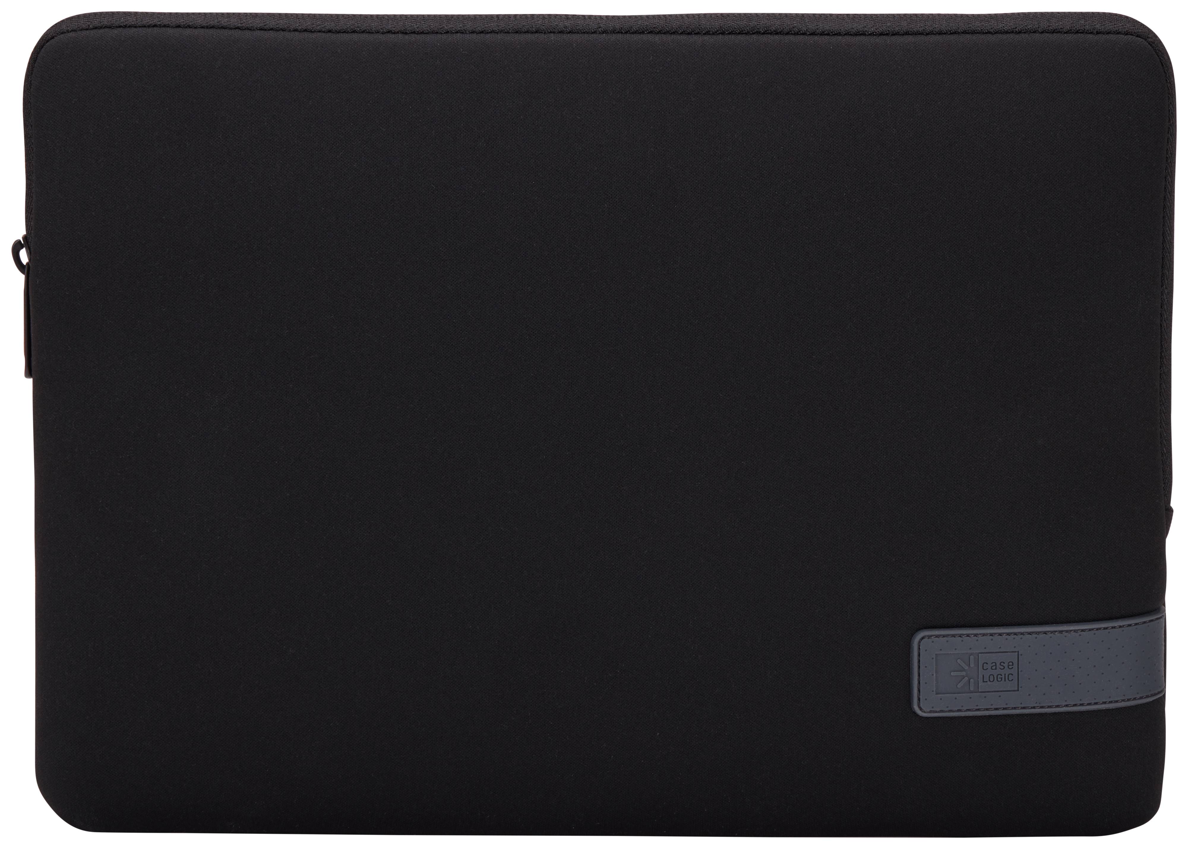 Schwarze Laptop-Schutzhülle mit Reißverschluss und kleinem grauem Logo-Tab in der unteren rechten Ecke.