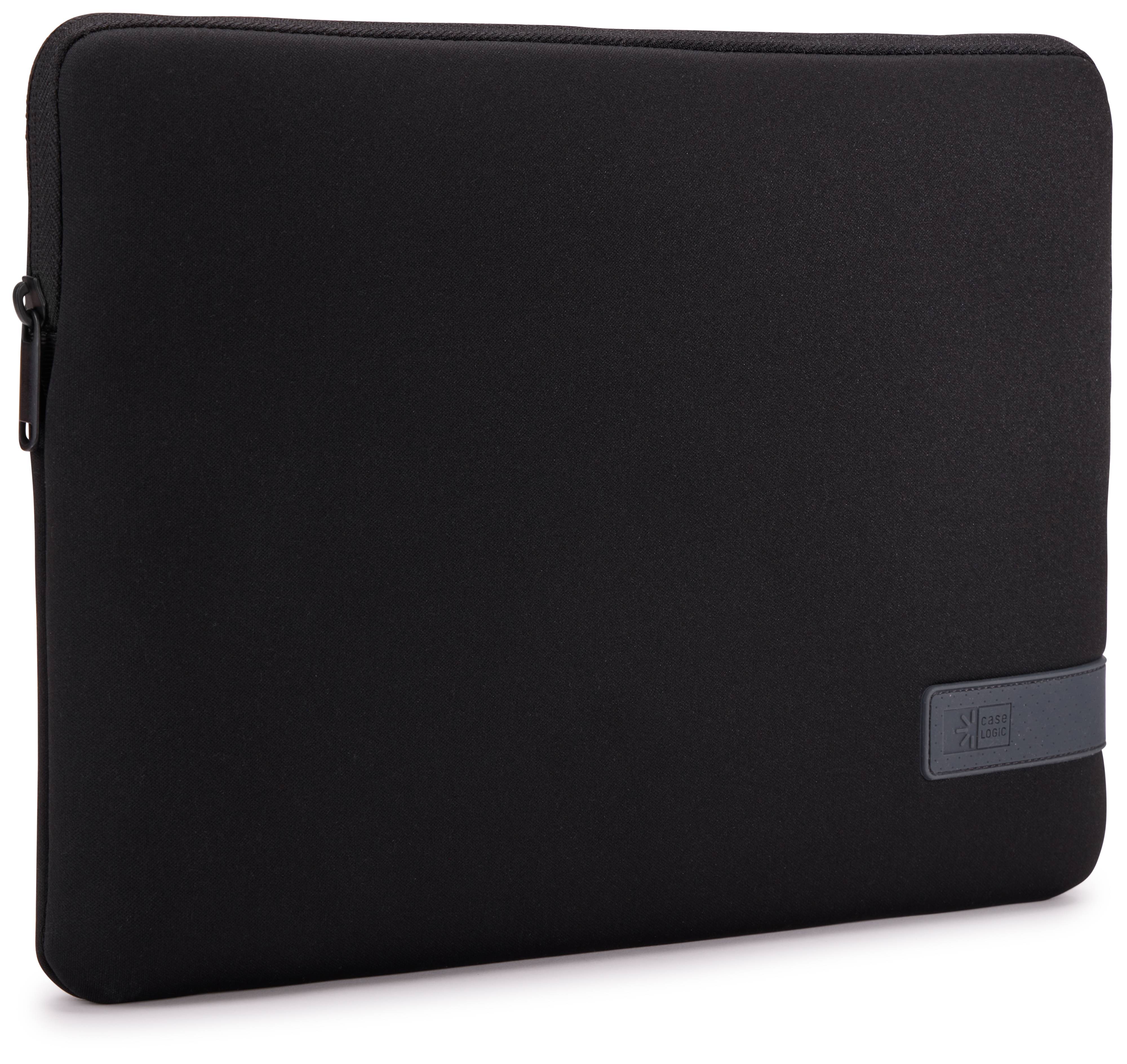 Schwarze gepolsterte Laptop-Schutzhülle mit seitlichem Reißverschluss und kleinem grauem Logo-Tab.